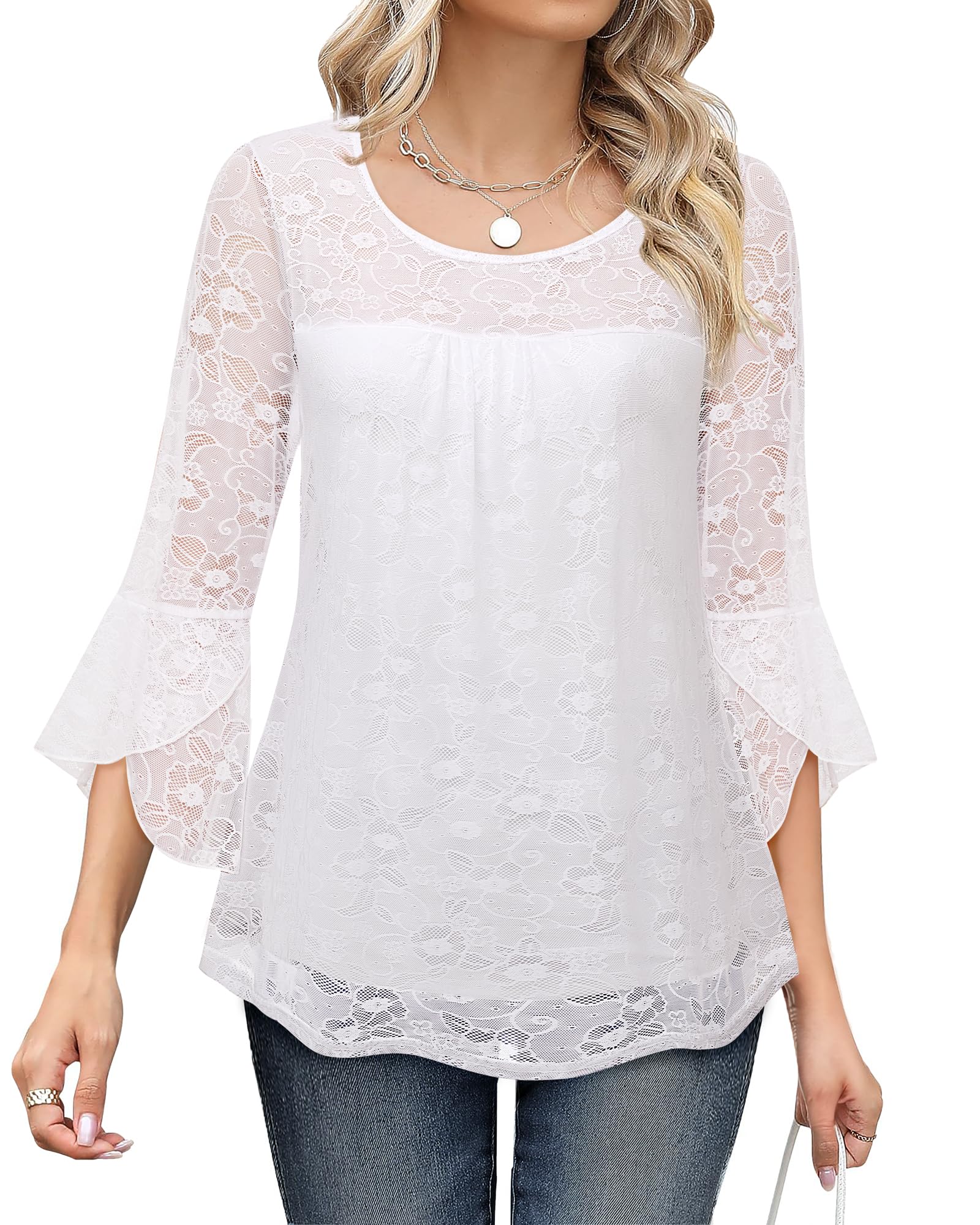 Bebonnie Women's Ruffle 3/4 Sleeve Elegant Dressy Blouses Crew Neck Double Layers Mesh Tunic Tops